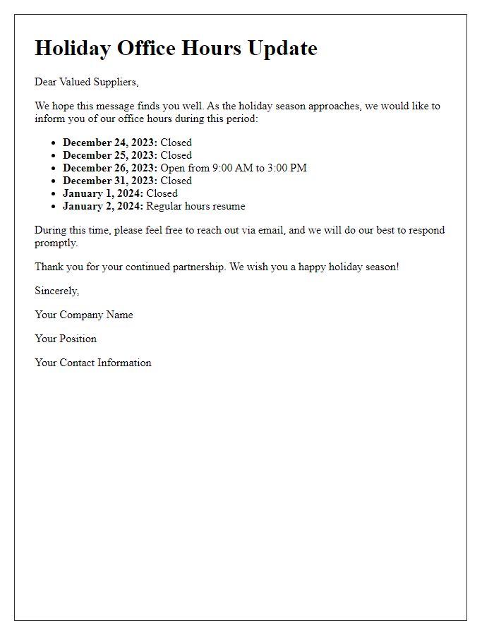 Letter template of holiday office hours update for suppliers