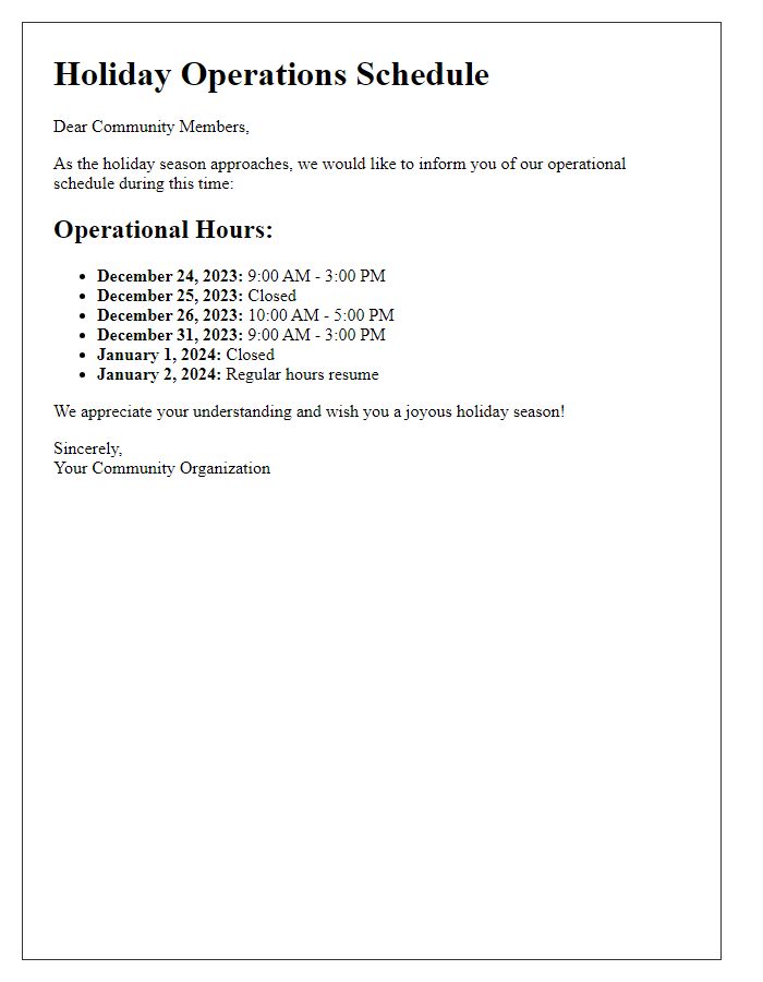 Letter template of holiday operations schedule for community members