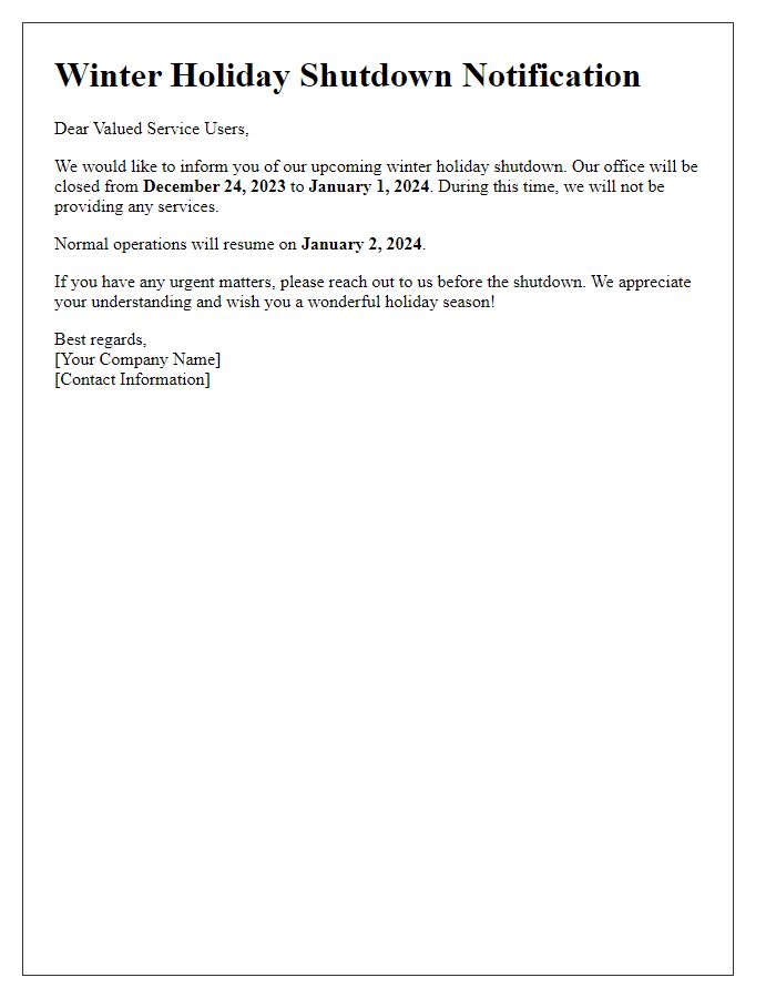 Letter template of winter holiday shutdown information for service users