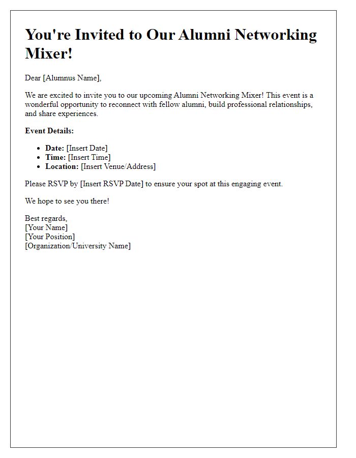 Letter template of alumni networking mixer invitation.