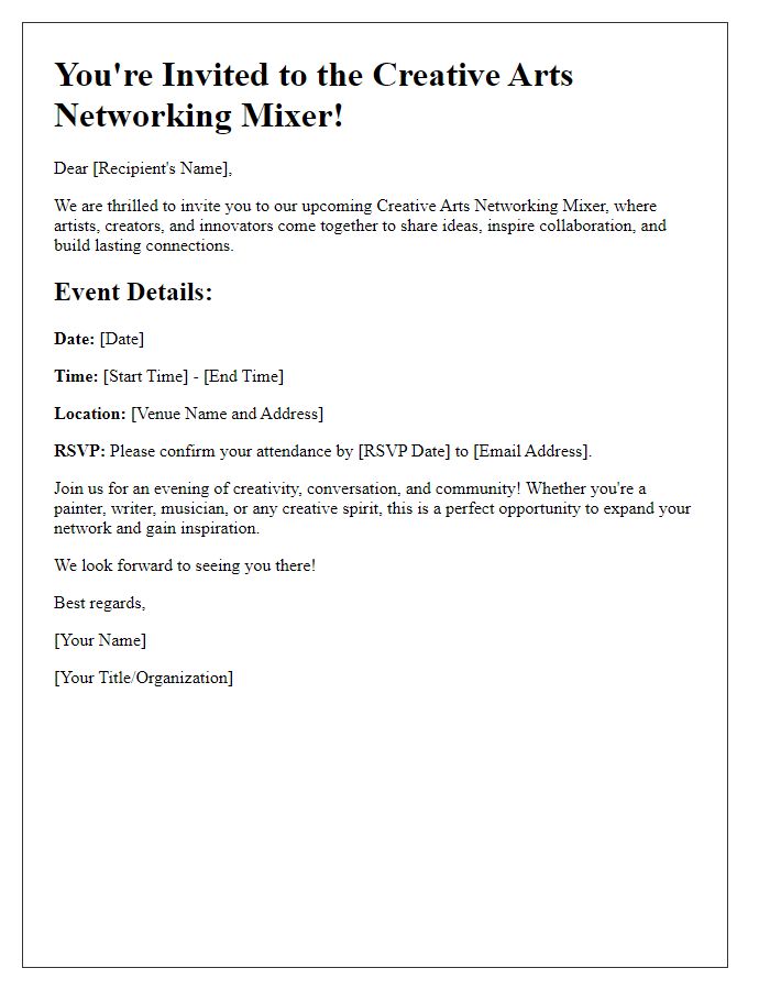 Letter template of creative arts networking mixer invitation.