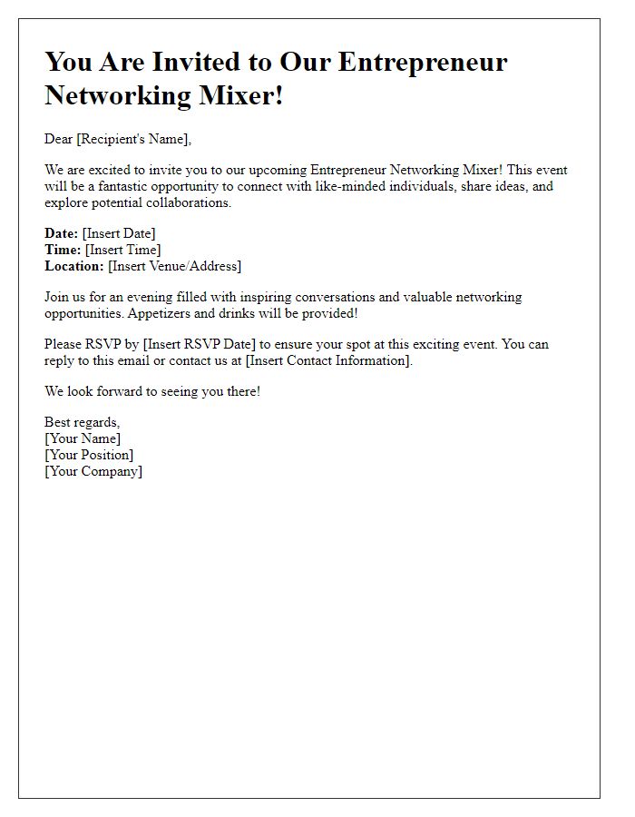 Letter template of entrepreneur networking mixer invitation.