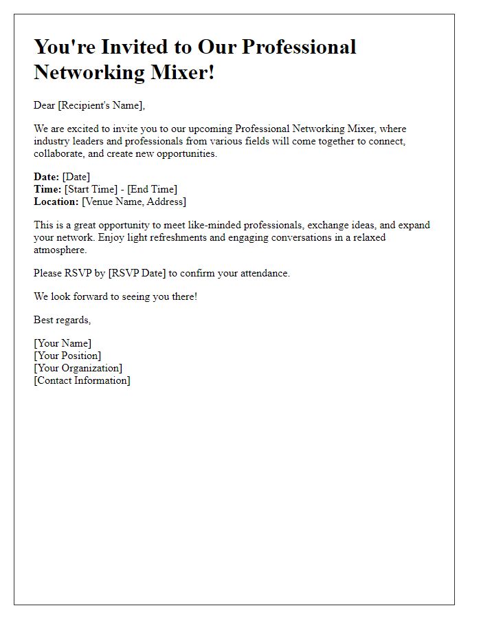 Letter template of professional networking mixer invitation.