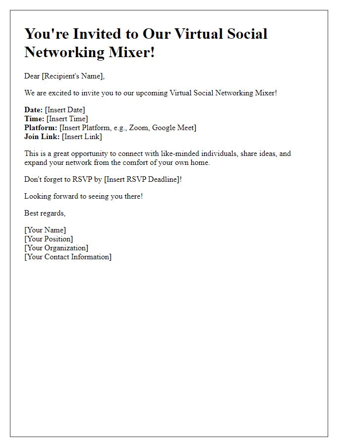 Letter template of virtual social networking mixer invitation.