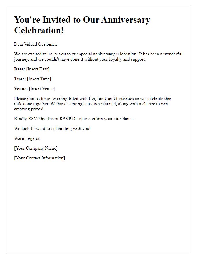 Letter template of anniversary celebration invitation for loyal customers