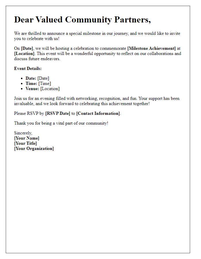 Letter template of milestone celebration announcement for community partners