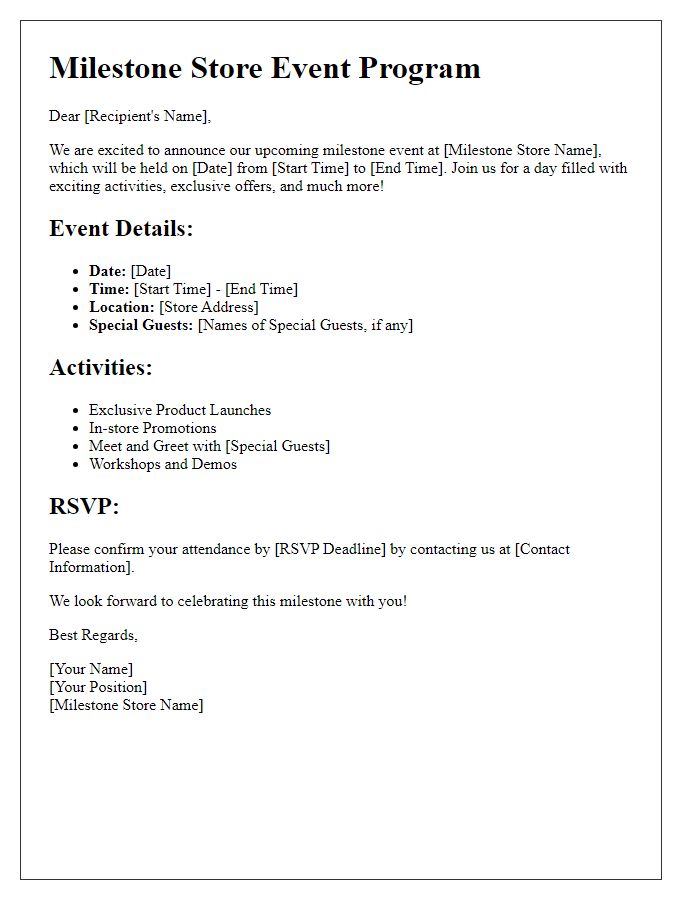 Letter template of milestone store event program details