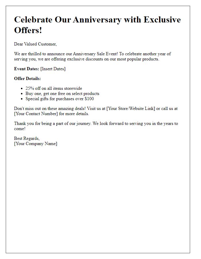 Letter template of promotional offer for anniversary sale event