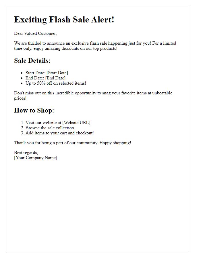 Letter template of exciting flash sale announcement