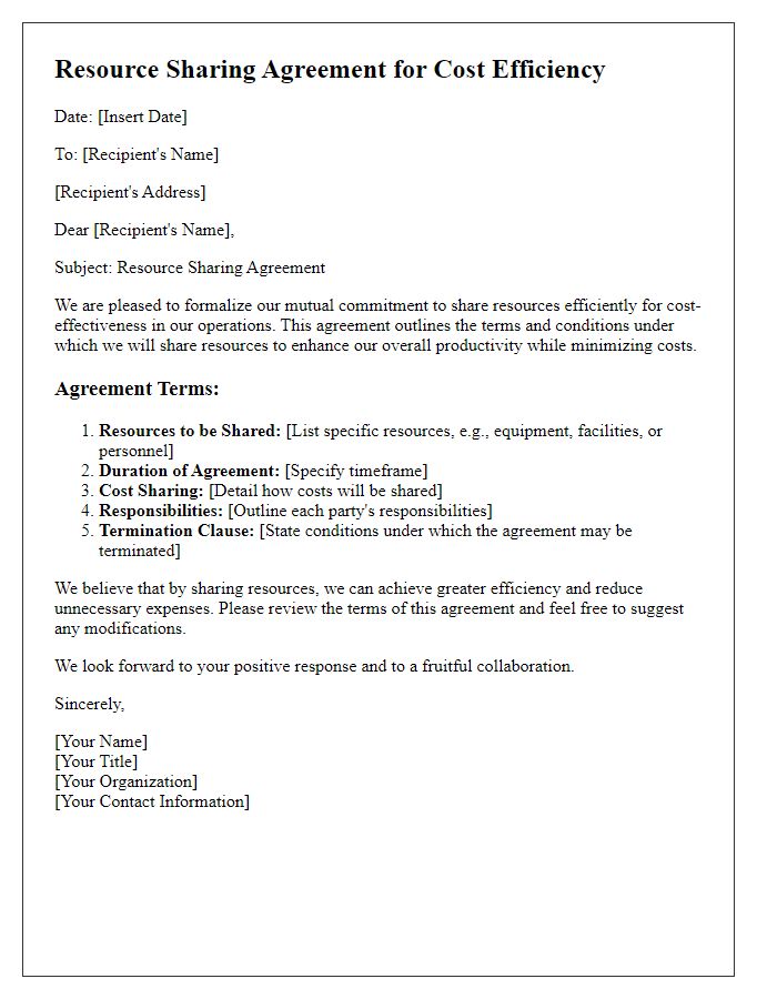 Letter template of resource sharing agreement for cost efficiency