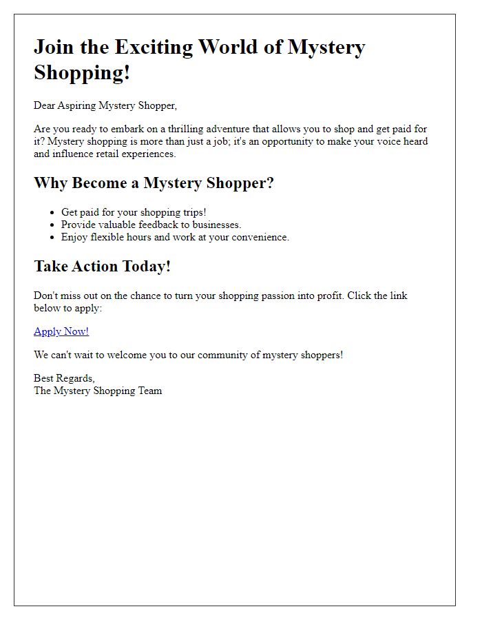 Letter template of call to action for aspiring mystery shoppers