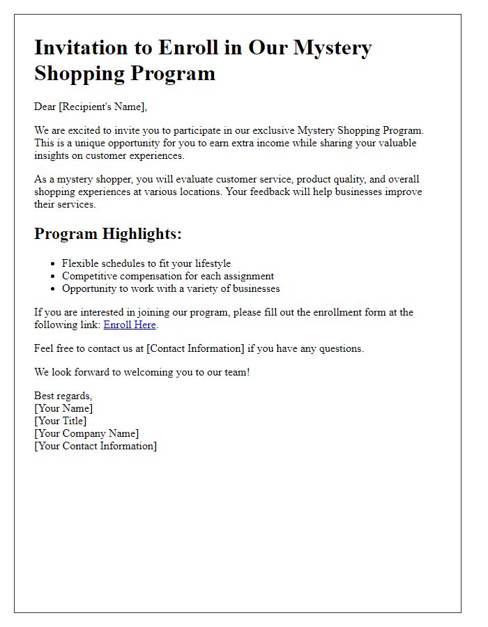 Letter template of enrollment invitation for mystery shopping opportunities