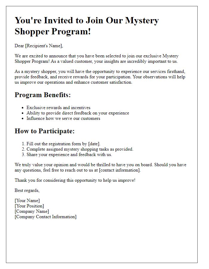 Letter template of invitation to join our mystery shopper program