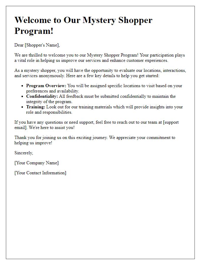 Letter template of onboarding message for our mystery shopper program