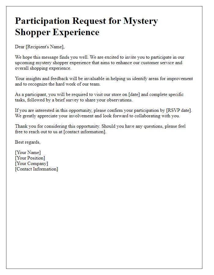 Letter template of participation request for our mystery shopper experience