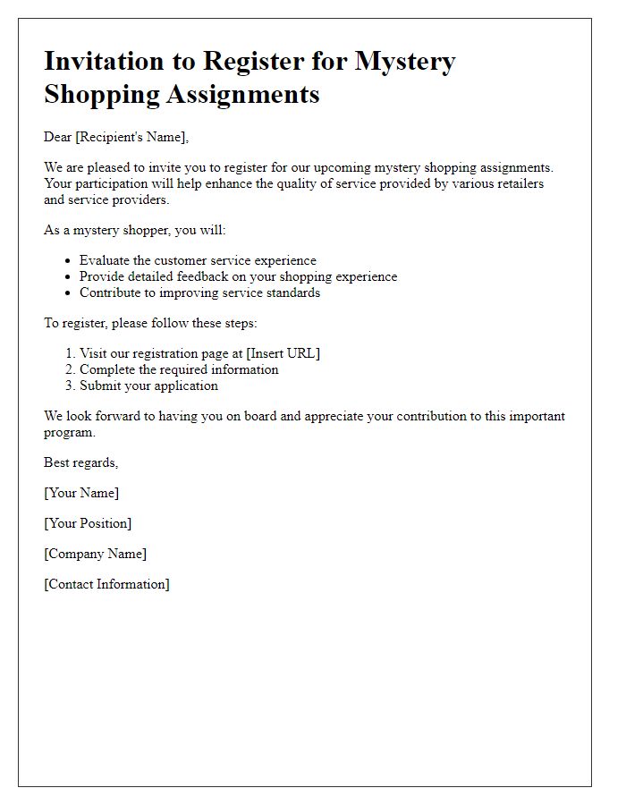 Letter template of registration invitation for mystery shopping assignments