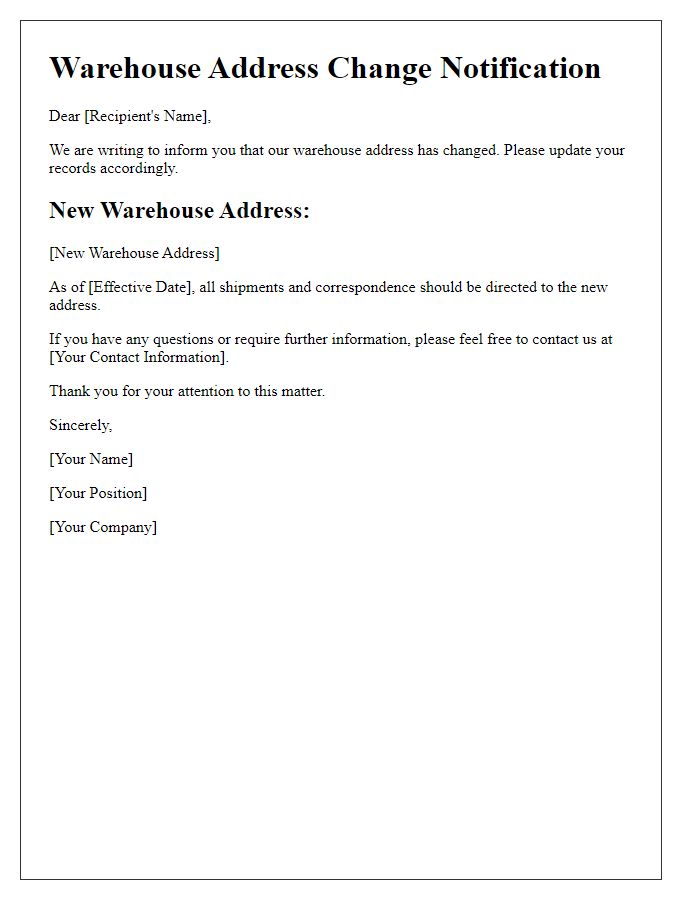 Letter template of warehouse address change notification