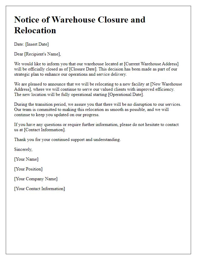 Letter template of warehouse closure and relocation information