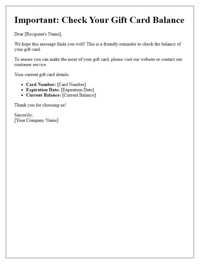 Letter template of alert for checking your gift card balance.
