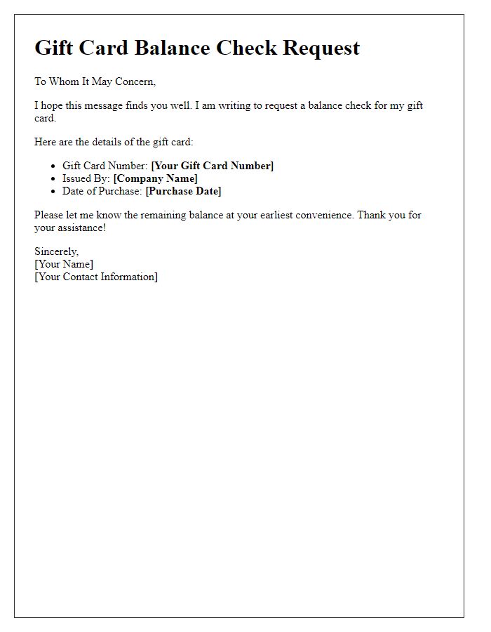 Letter template of gift card balance check request.