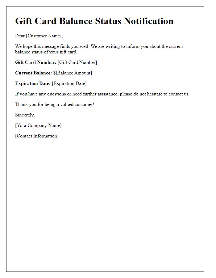 Letter template of notification regarding gift card balance status.