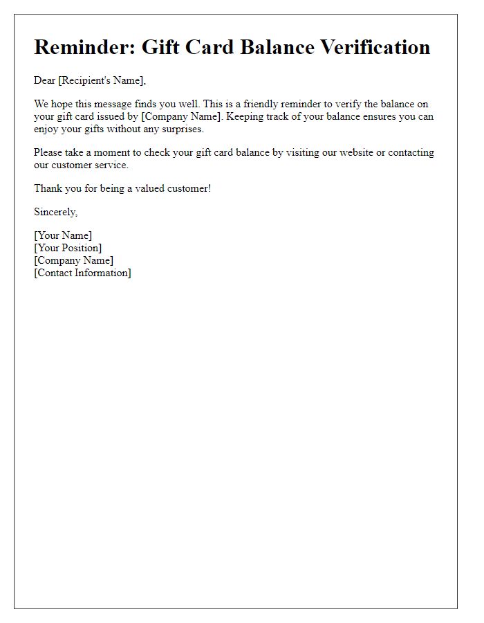 Letter template of reminder for gift card balance verification.