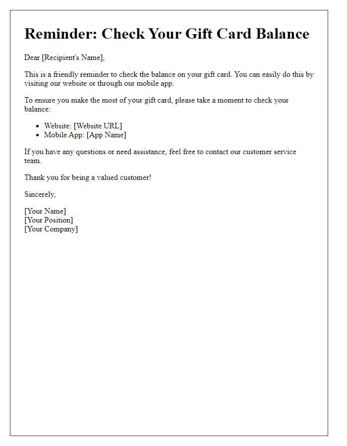 Letter template of reminder message for checking gift card balance.