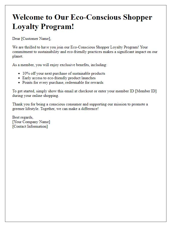 Letter template of eco-conscious shopper loyalty program enrollment