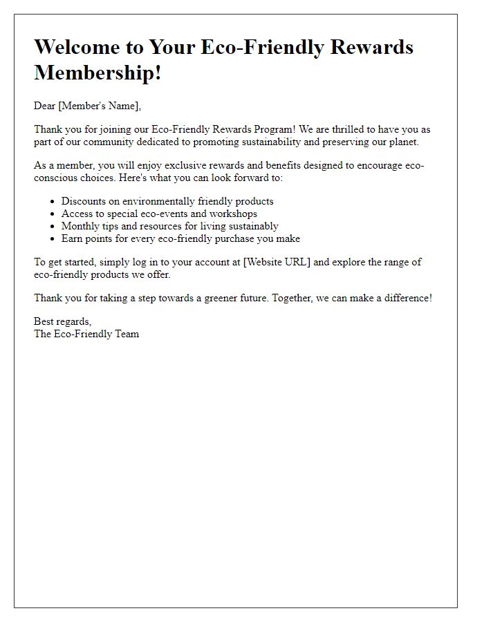 Letter template of eco-friendly rewards membership welcome