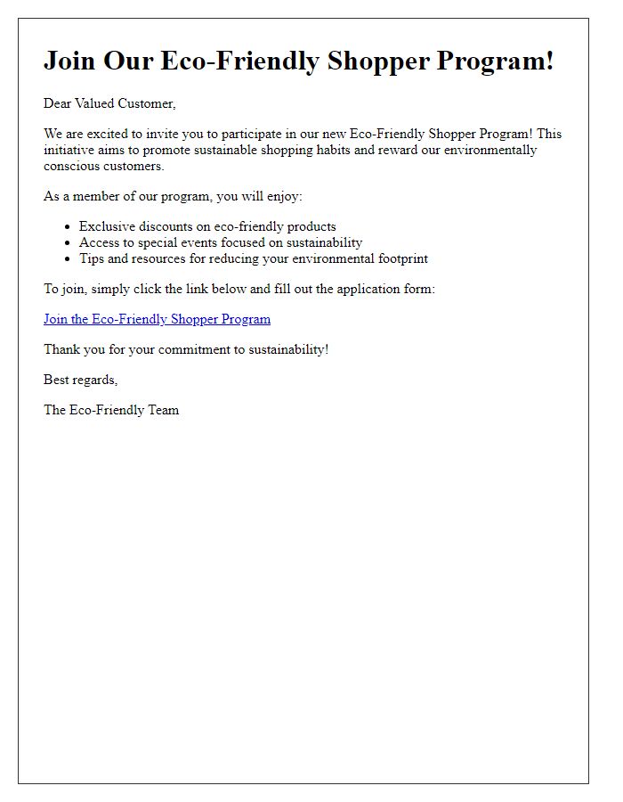 Letter template of environmentally friendly shopper program invitation