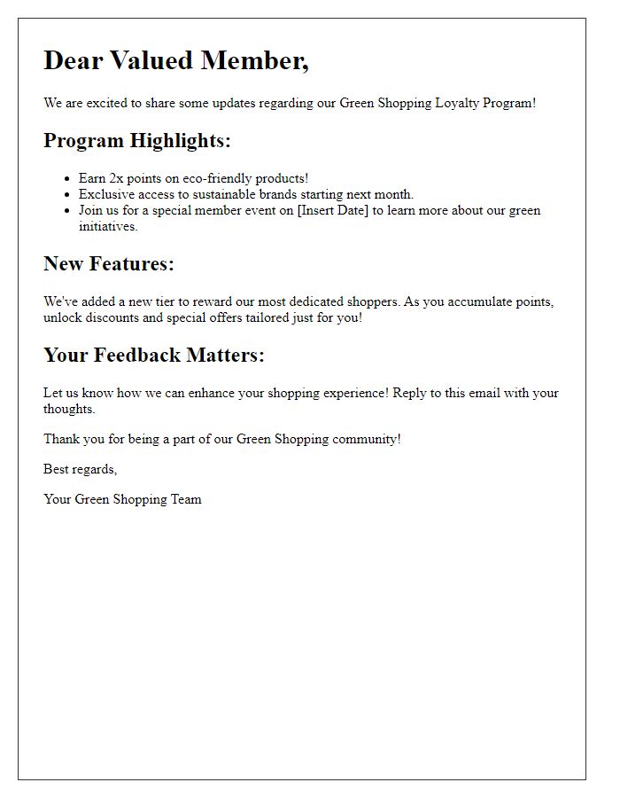 Letter template of green shopping loyalty program updates