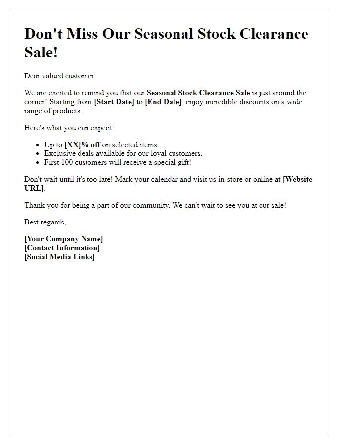 Letter template of Seasonal Stock Clearance Sale Reminder