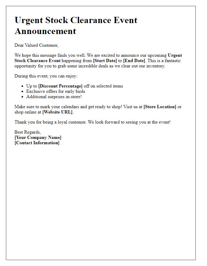 Letter template of Urgent Stock Clearance Event Announcement