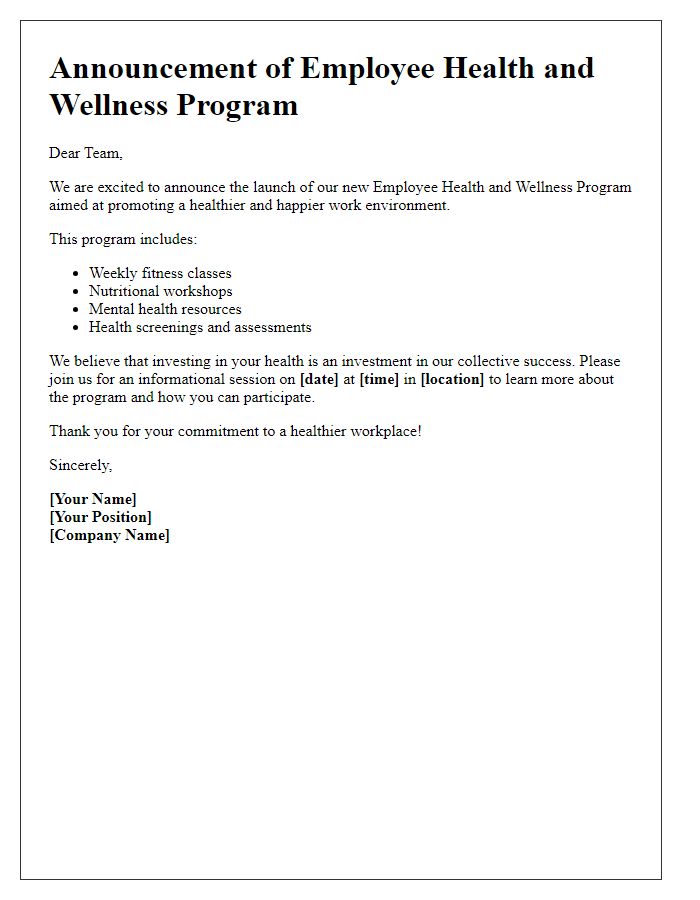 Letter template of employee health and wellness program announcement