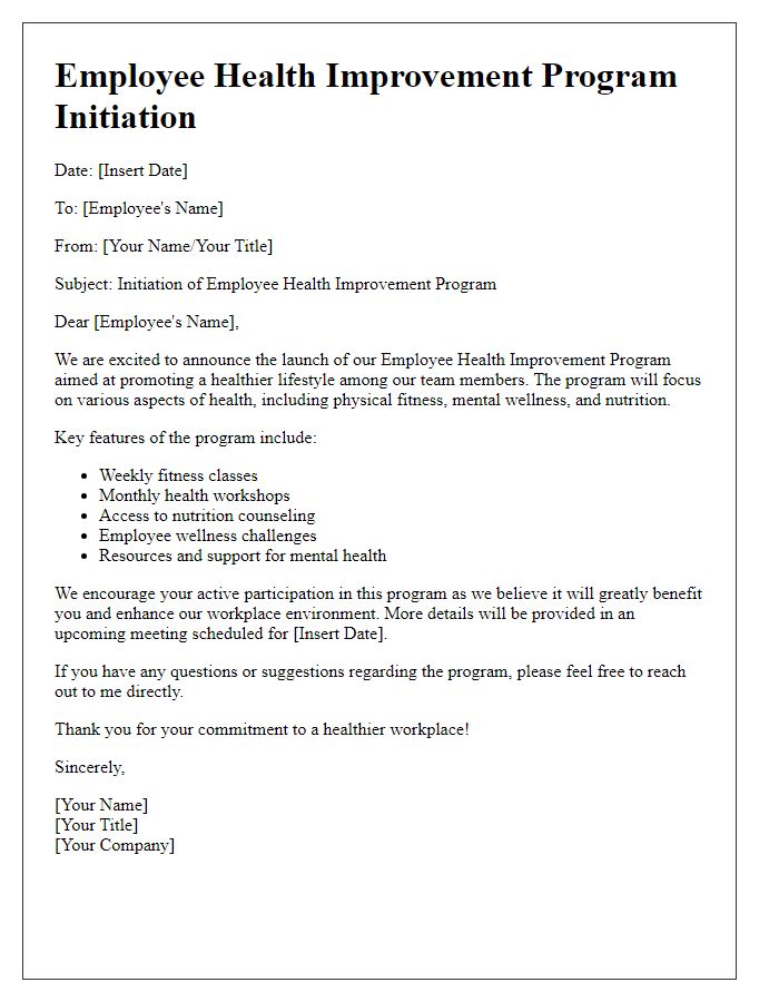 Letter template of employee health improvement program initiation