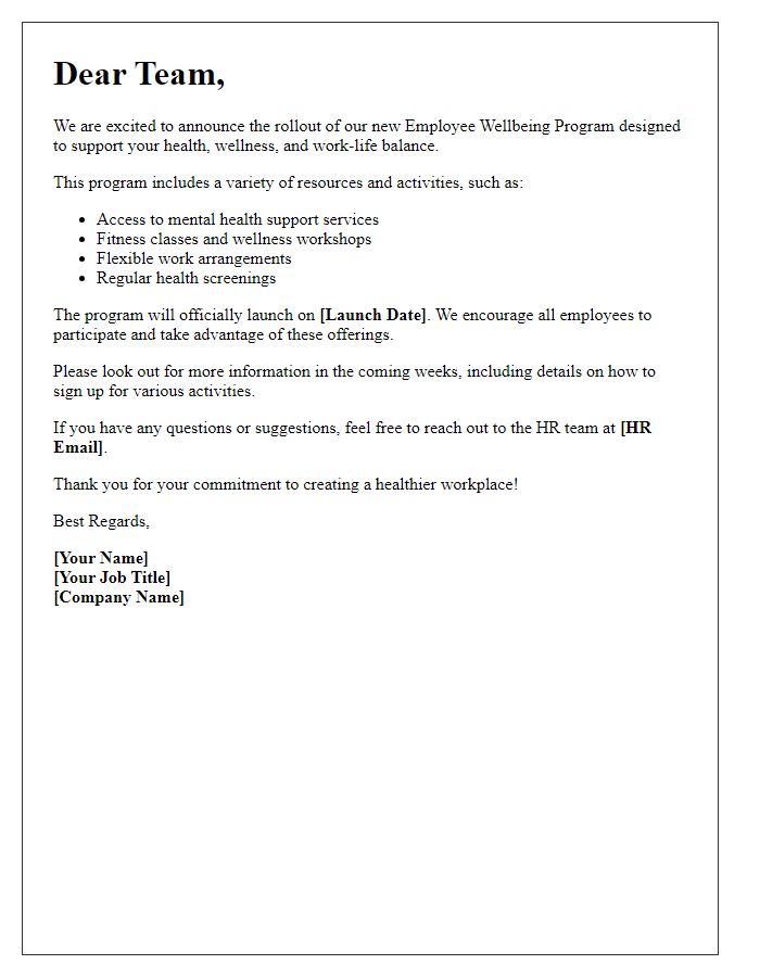 Letter template of employee wellbeing program rollout