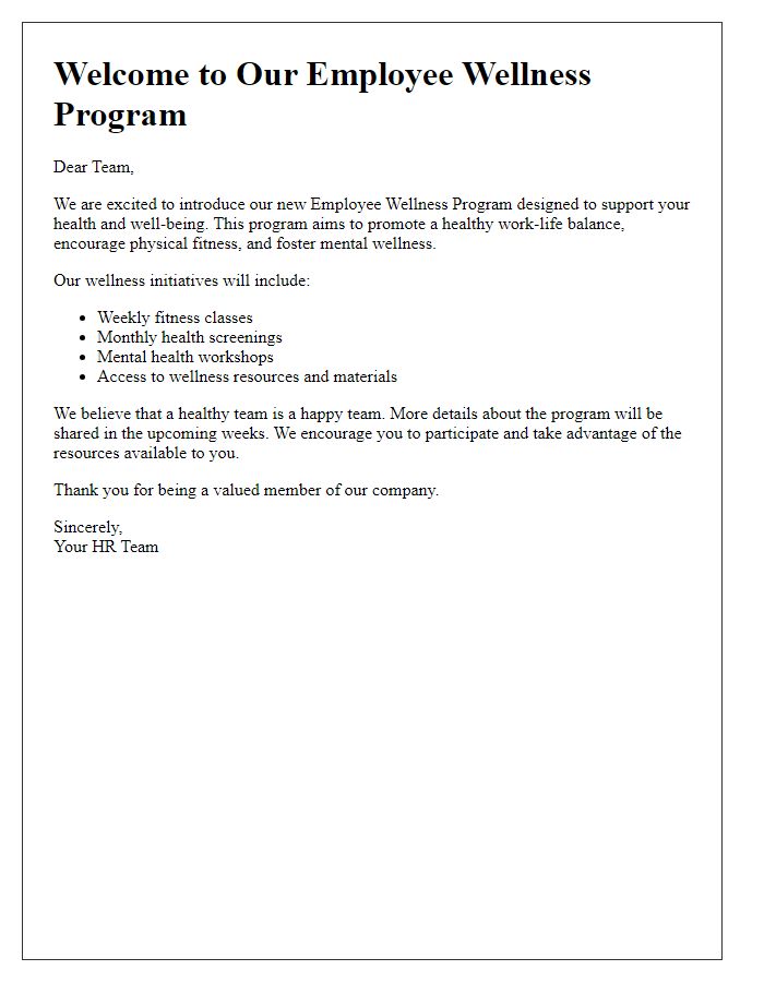 Letter template of employee wellness program introduction