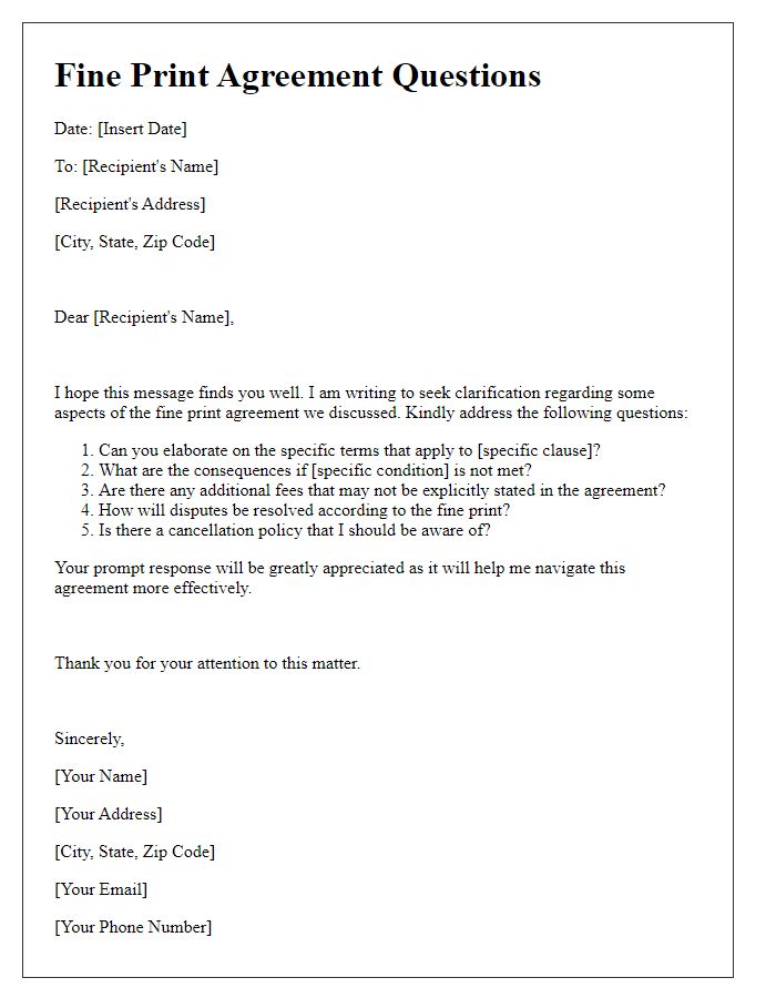 Letter template of fine print agreement questions