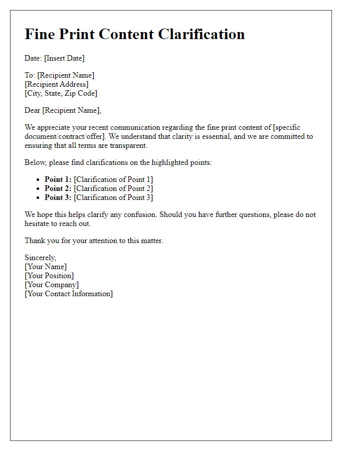 Letter template of fine print content clarification