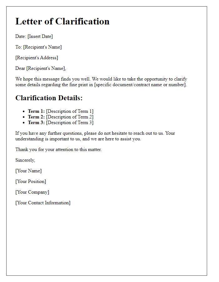 Letter template of fine print details clarification