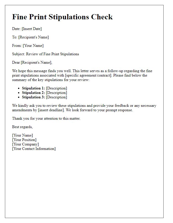 Letter template of fine print stipulations check