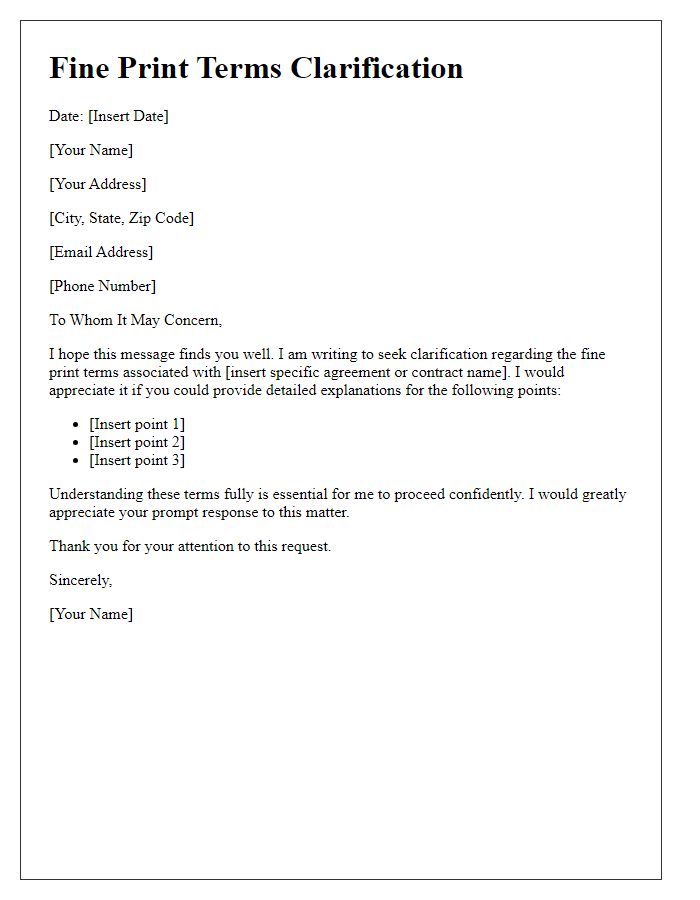 Letter template of fine print terms clarification