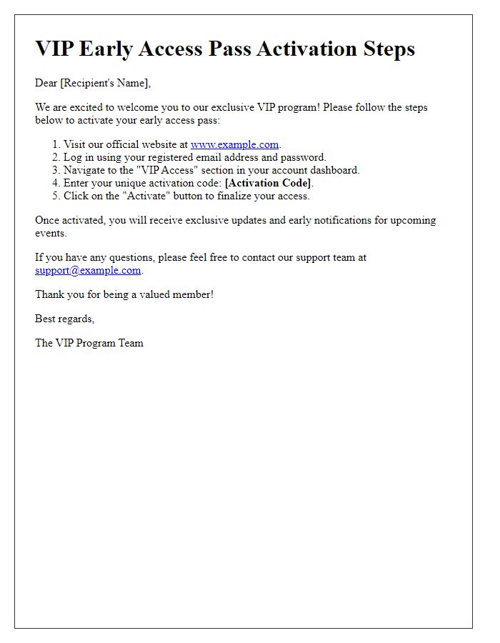 Letter template of VIP early access pass activation steps