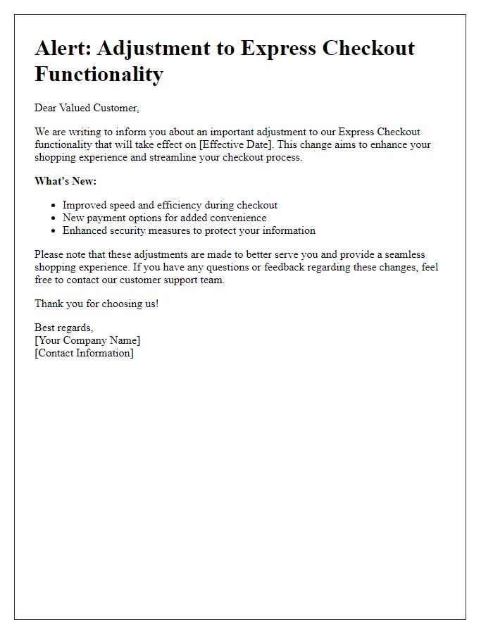 Letter template of express checkout functionality adjustment alert