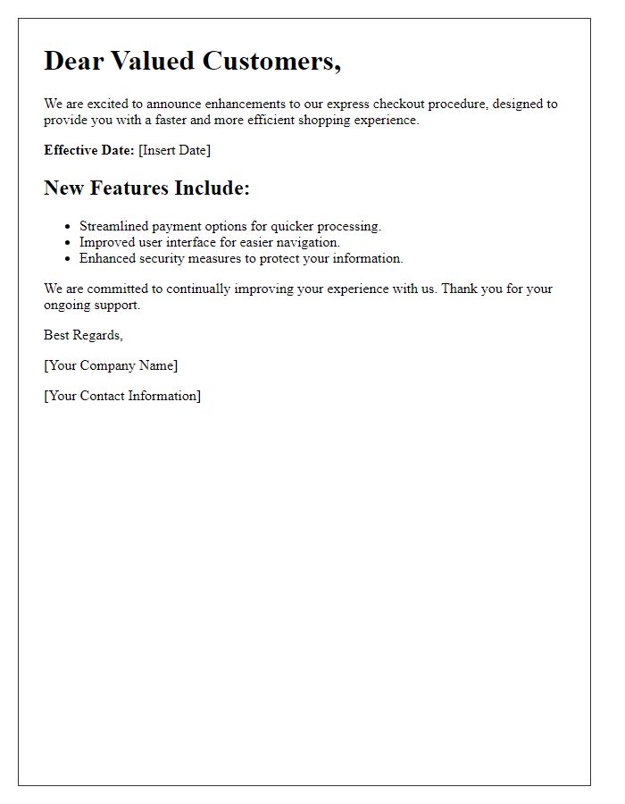Letter template of express checkout procedure enhancement announcement