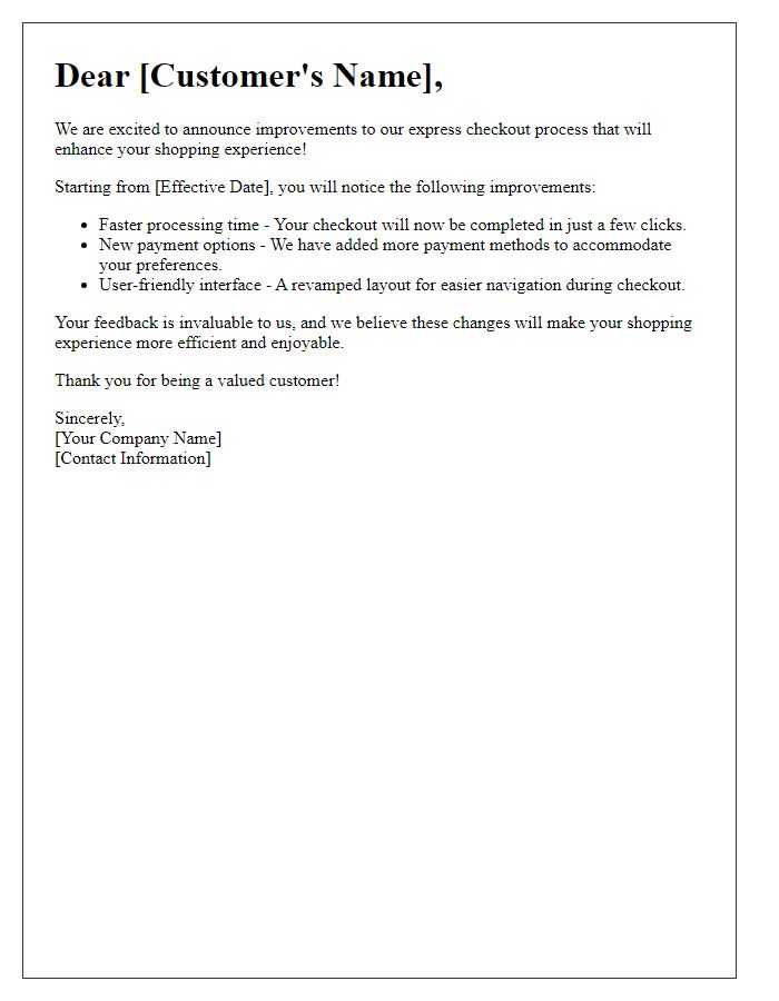 Letter template of express checkout process improvement notification