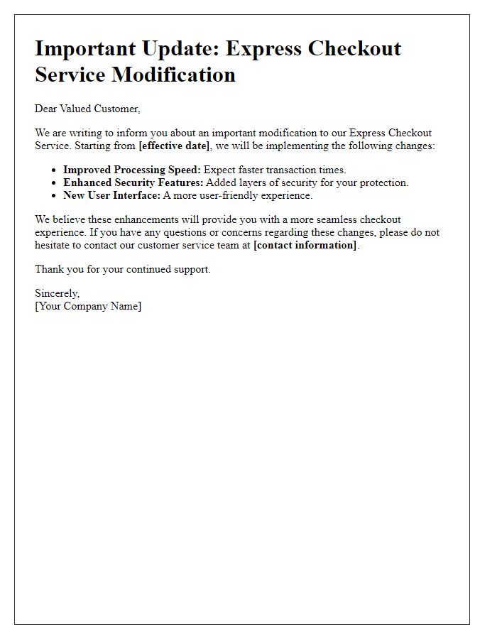 Letter template of express checkout service modification message