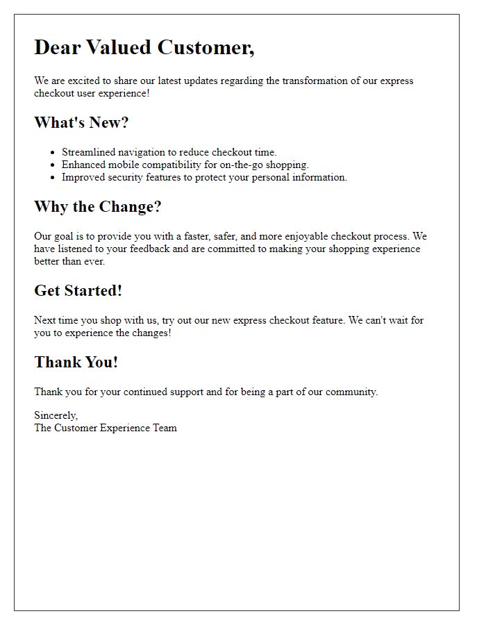 Letter template of express checkout user experience transformation update