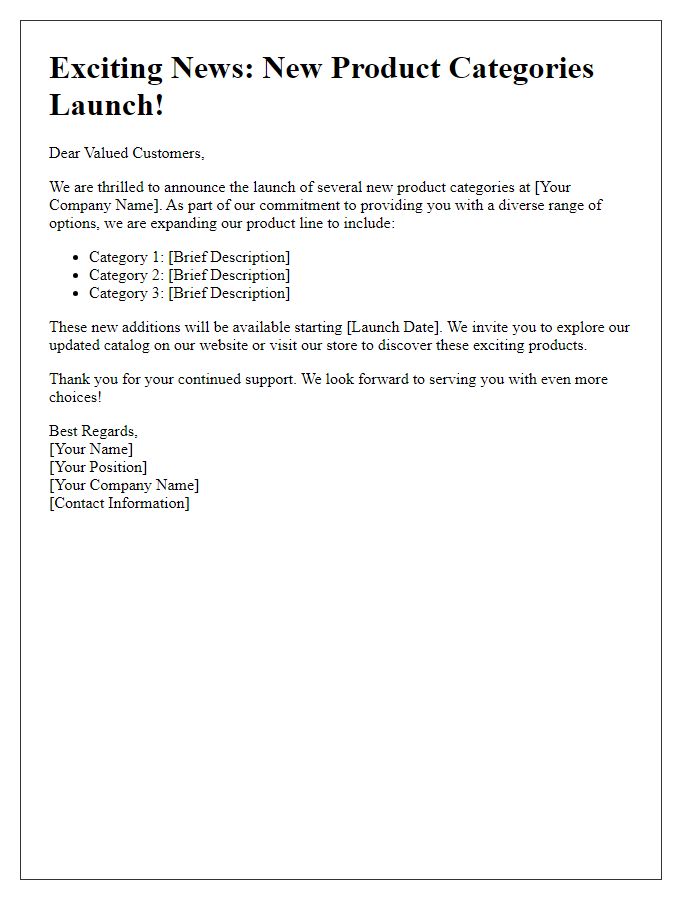 Letter template of launch of additional product categories