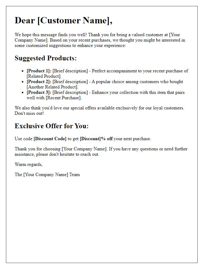 Letter template of customized suggestions linked to your past purchases